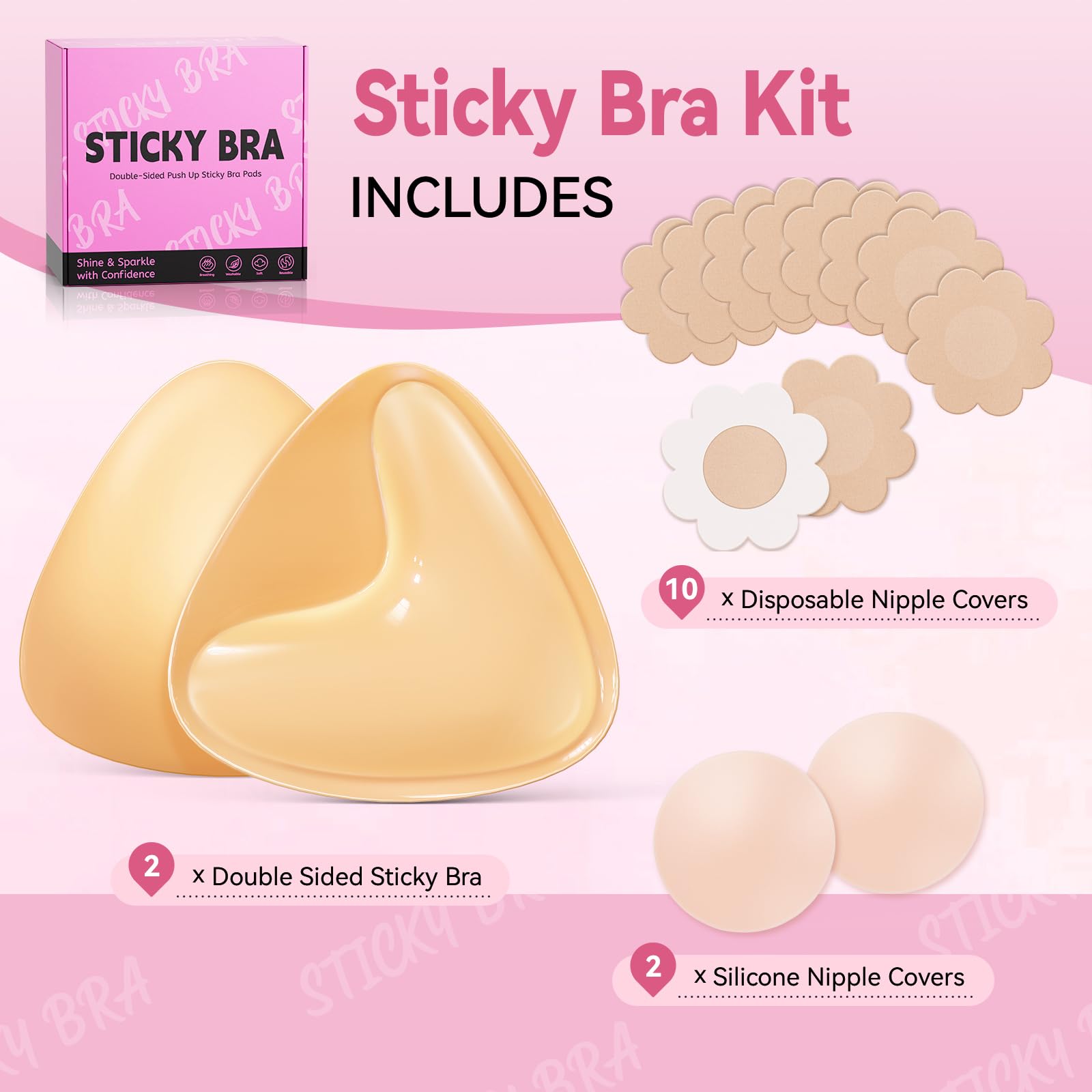 Mearter Ultra Push Up Sticky Bra Pads Inserts | Double Sided Adhesive Bra Inserts | Stick-on Bra for Sports Bra Swimsuit (Beige)